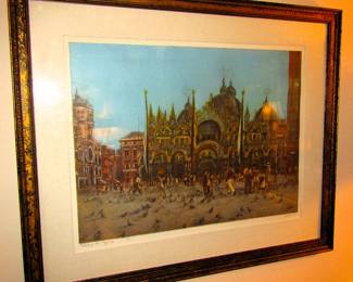 Vintage etching "Feeding the Pigeons" by Moishe