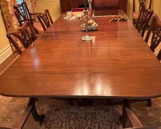 Duncan Phyfe style mahogany double pedestal dining table 98"L x 46"W x 30"H                                                        center leaf 27"W