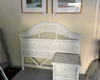 White wicker Queen headboard and night stand 
