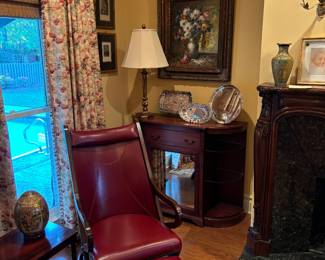 Mahogany Petticoat dresser, oil painting of flowers in beautiful ornate frame, assorted silver trays, Cordovan leather chair & matching ottoman