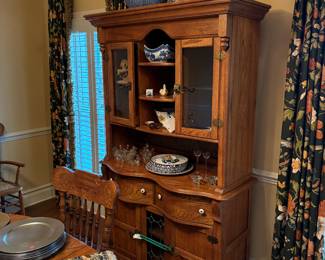 Vintage oak cupboard, purchased from Gayfers department store in 1984, assorted dishes, decorative vases 