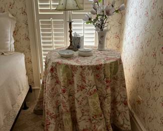 Custom fabricated table skirt & matching pillow, pair Brass Candlestick lamps, assorted porcelain dishes, bowls & vases