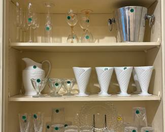 Glassware, ice bucket, pitcher & a set of white ice cream/sundae glasses 