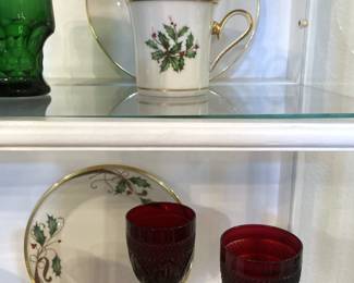 Green and red glassware; Lenox china