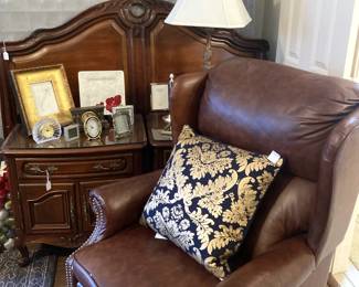 Nightstands; wingback leather chair