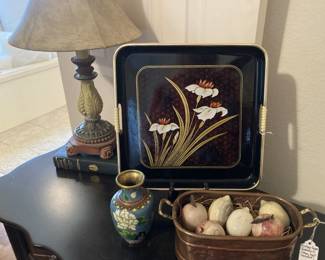 Lamp; tray; vase; vintage copper jardiniere (stone fruit included)