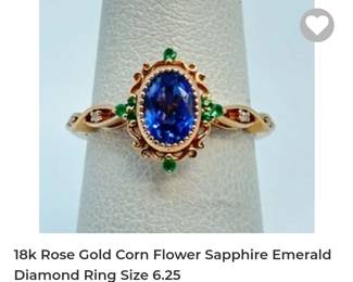 18k Rose Gold cornflower sapphire emerald diamond ring