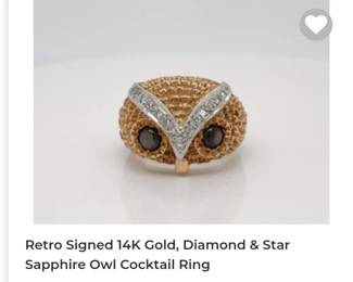 Retro signed 14k gold diamond star sapphire detailed owl cocktail ring