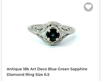 18k Art Deco blue green sapphire diamond ring