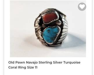 Old pawn Navajo sterling silver turquoise coral ring