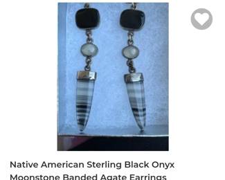 Sterling silver native American banded agate moonstone black onyx earrings