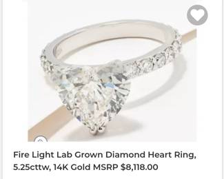 Fire light lab grown diamond heart ring 5.25 carat 14k white gold $8188 msrp