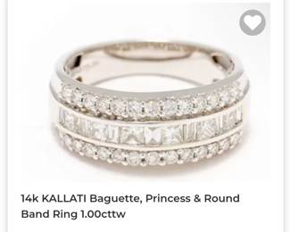 14k white gold kallati baguette,  princess,  and round band ring