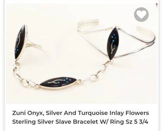 Zuni onyx sterling silver onyx turquoise flowers inlay slave bracelet
