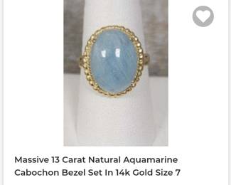 Massive 13 carat natural aquamarine cabochon Bezel set in 14k gold