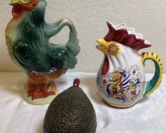 2 Rooster Pitchers Guacamole Serving Bowl
