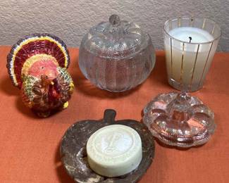 Glass pumpkin candy dish with two lids one turkey candle one candle one soap leaf dish