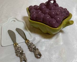 Grape Please Candy Dish ItaTMs Lid Two Stainless Steel Butter Knives One White Ceramic Zester
