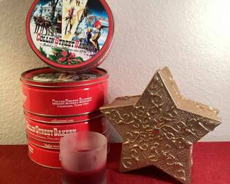 Collin Street Bakery Tin Cans 4 Gold Star Box And Candle