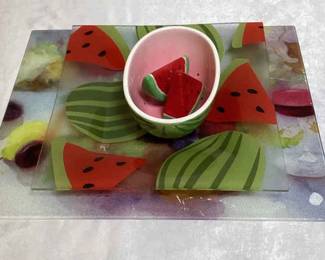 Glass Cutting Board And Watermelon Dish With Shakers