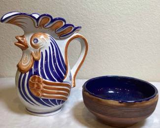 D Clinton Signed Pottery Bowl And Italian Rooster Pitcher 2 Pcs