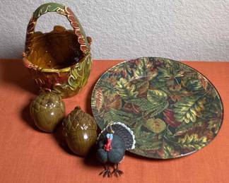 Fall Decor Floral Plate Acorn Shakers Basket And Ornament 5 Pcs