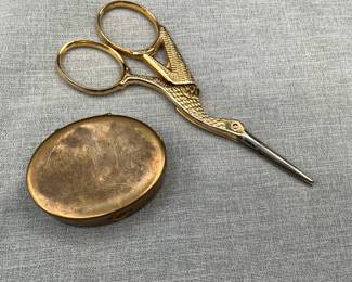 Stork embroidery scissors and brass pill box