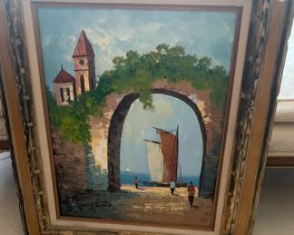 Painting with sailboat on the beach