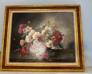 Original Oil on canvas;  Still Life with Peonies.  Signed Julien.