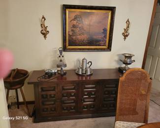 BUFFET SIDEBOARD, FRAMED ART, SCONCES, PEWTER, ANTIQUE CRUET SET