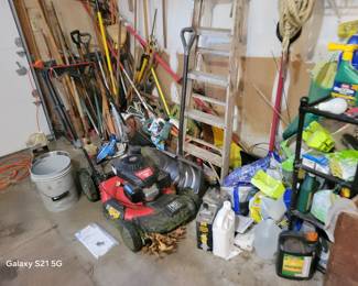 GARAGE LAWN AND GARDEN TOOLS, LADDERS, SHELVING, LAWN MOWER, ALL THINGS GARAGE