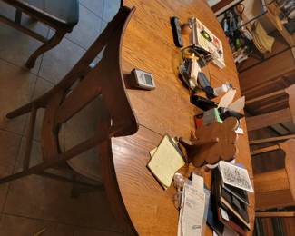 TWO OAK PEDESTAL TABLES, CHAIRS