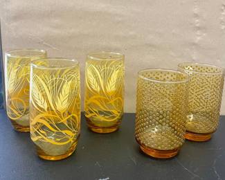 Vintage Anchor hocking wheat Amber glassware & Libbey hobnail glasses