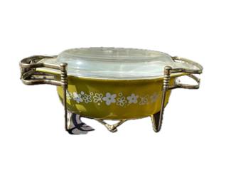Vintage Pyrex Spring Daisy Green Casserole on stand 