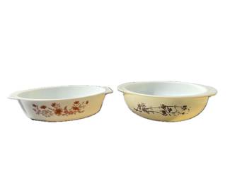 Vintage Pyrex Peach floral casserole &
Golden branch bowl