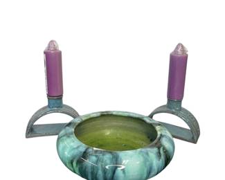 Pottery: candlesticks and bowl 