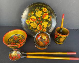 Russian Khokloma wooden hand painted  tray  cups bowls Lacquer