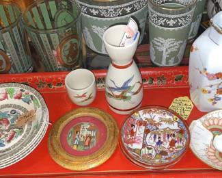 Assorted rice bowls, vase, sake set 