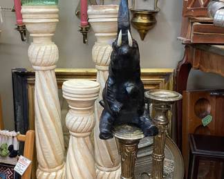 Collection of large candleholders & elephant sculpture 