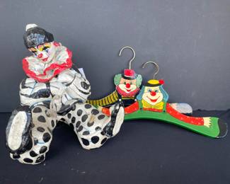 Clown figurine and hand painted hangers 