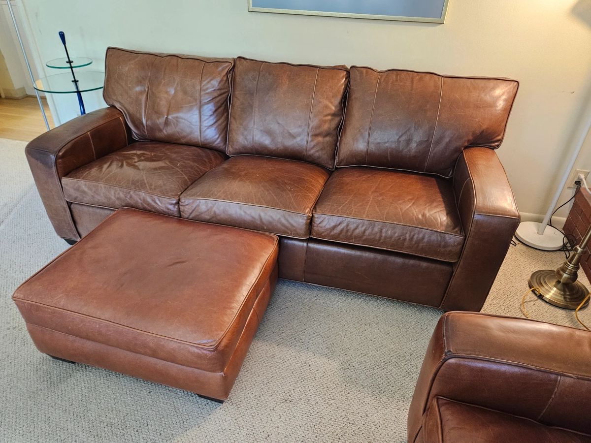 Arhaus Leather sofa, 2 matching leathers and ottoman all sold separately