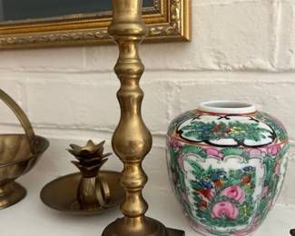 Ceramic vase sold in pre-sale. Tall brass candle stick - $15