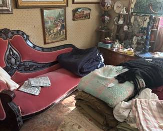 Perfume bottle collection, repo chaise, antique chest of drawers 