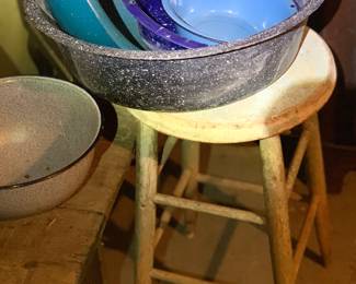 Primitive stool and more enamel ware we removed from the shed  we just got access to 