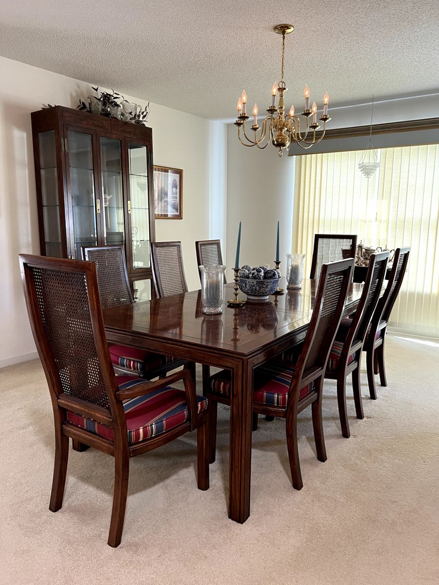 Henredon Burl Wood Parsons Table, 8 Cane Chairs 