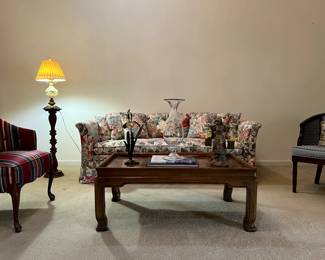 Floral sofa, chairs, table, lamps