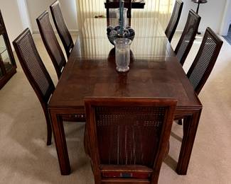 Henredon Burl Wood Parsons Table, 8 Cane Chairs 