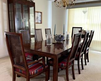 Henredon Burl Wood Parsons Table, 8 Cane Chairs 