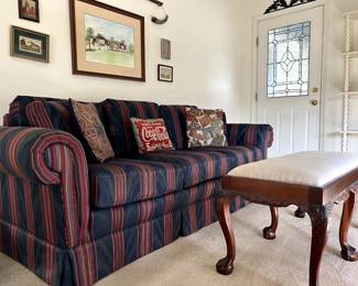 Sofa, bench, pillows & wall decor 