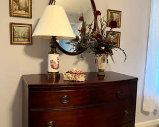 Serpentine chest, mirror, framed Italian tile art, lamp, accessories 